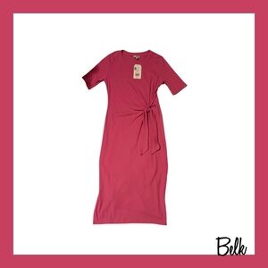 Tie-Waist Pink Midi Dress with Side Slit